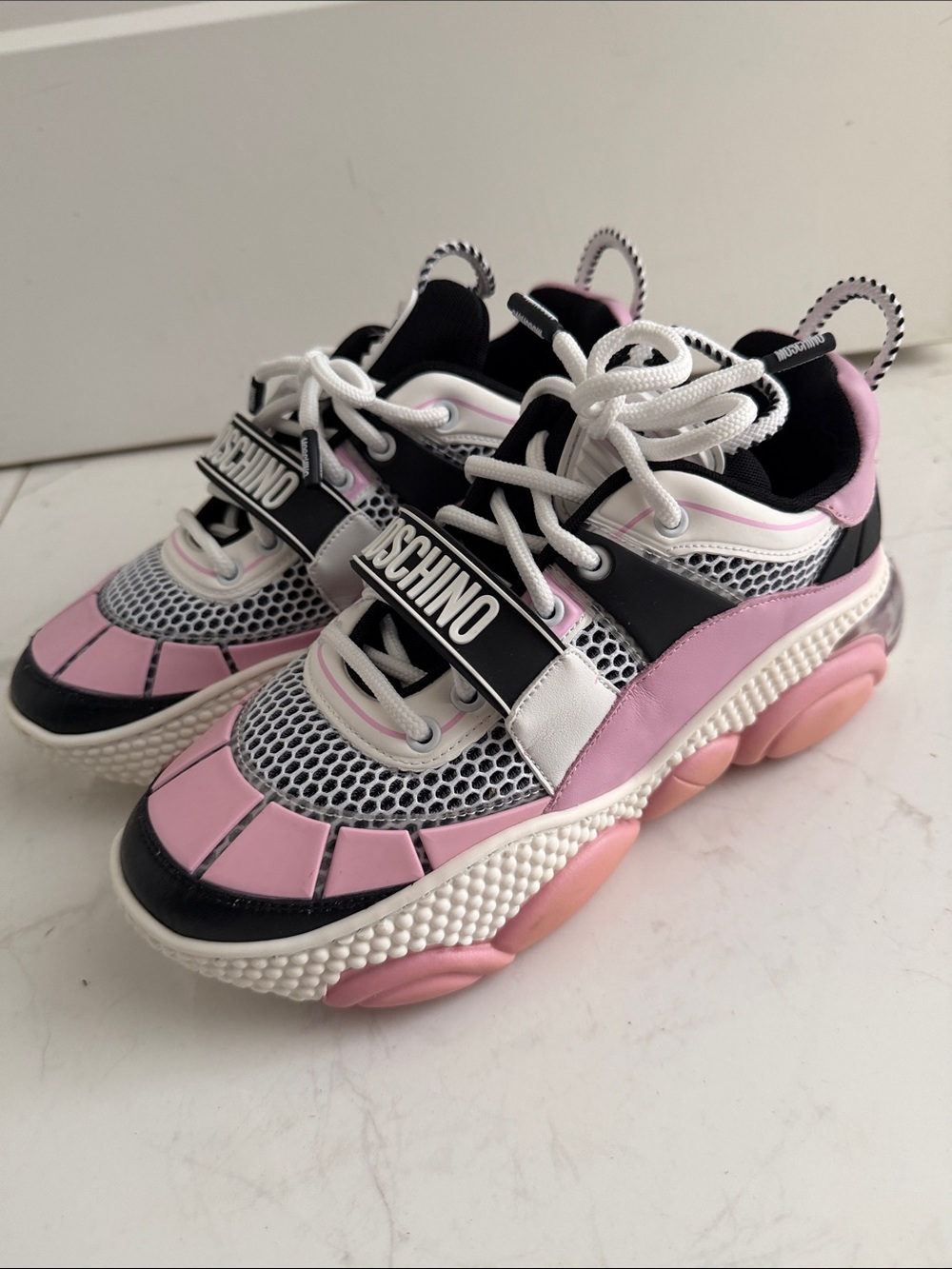 Moschino Kids Pink White and Black Chunky Logo Sneakers